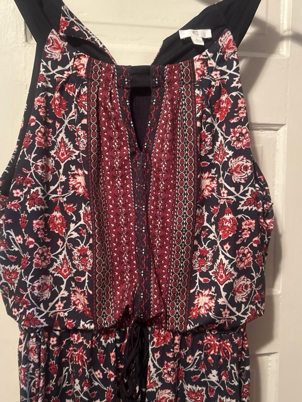 Navy Floral Romper with Burgundy Trim